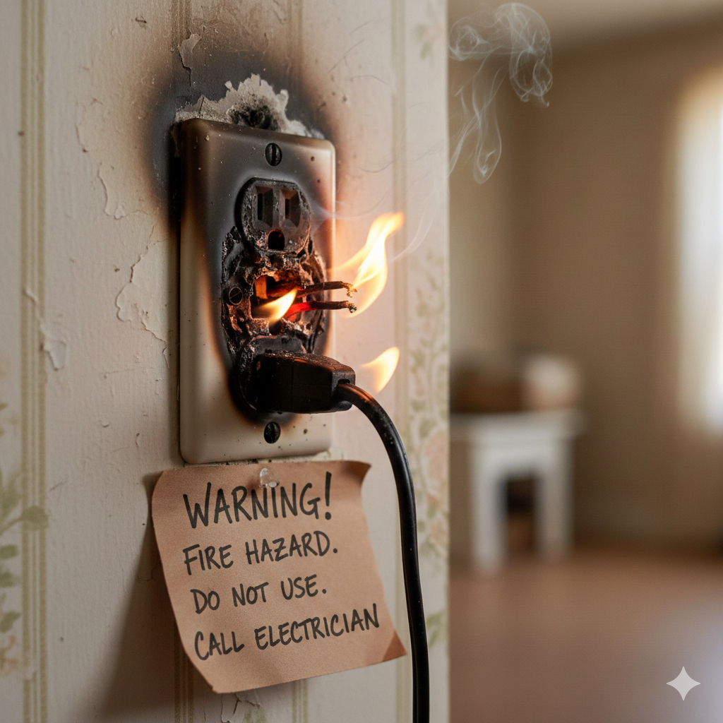 Burning electrical outlet warning signs