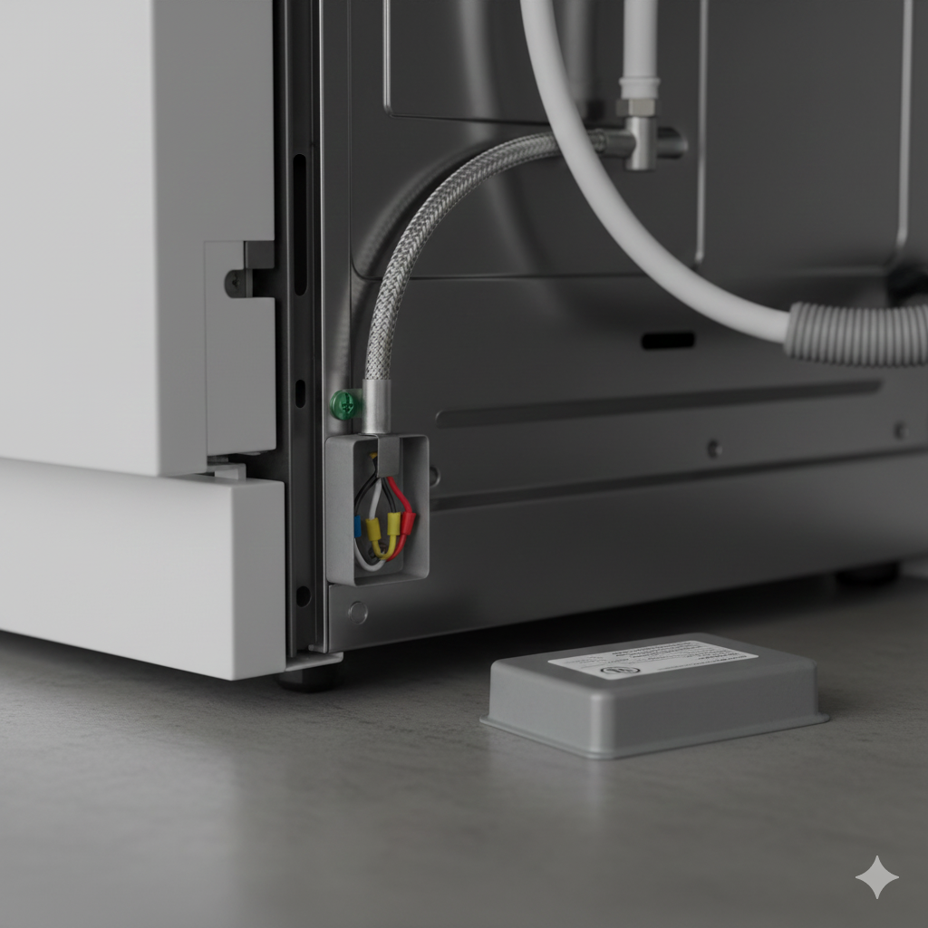 Professional dishwasher electrical installation showing proper wiring and circuit requirements